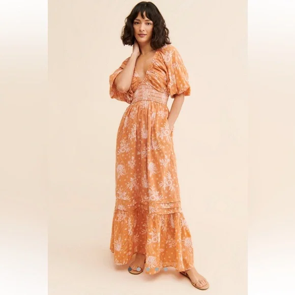 Free People Golden Hour Orange Floral Maxi Dress - Picture 1 of 6